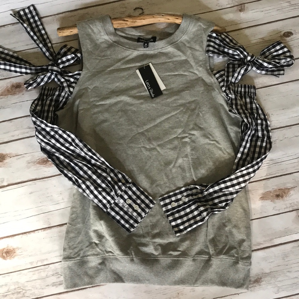 NWT Mixed Media gingham Cold Shoulder Sweater - Picture 2 of 4